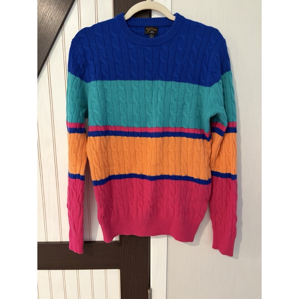J Crew Mens Medium Cashmere Cable Knit Sweater Multicolor Striped Pullover